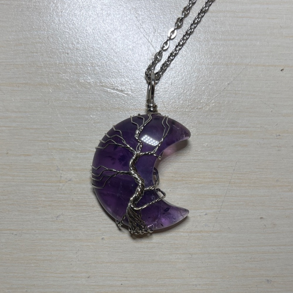 Amethyst Crescent Moon and Tree Pendant Necklace